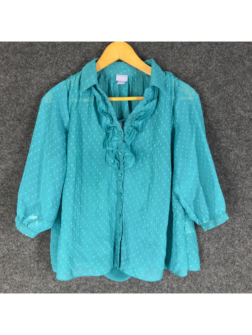 Laura Scott Shirt Women PL Petite Blue Polka Dot Button Up Collared Ruffle Sheer